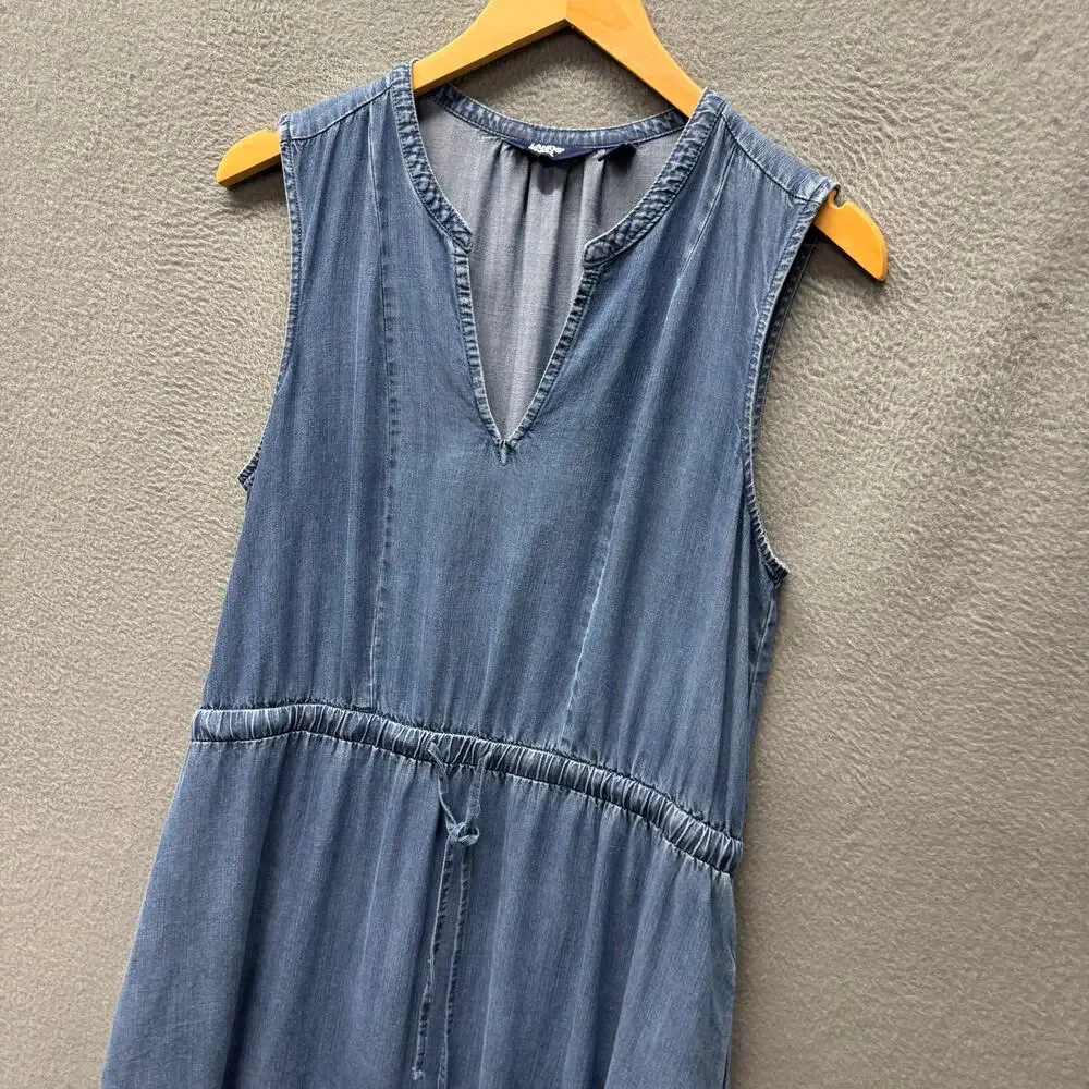 Lands End Tiered Dress Blue Chambray V-Neck Coastal Midi + Pockets Womens Medium - Picture 7 of 11